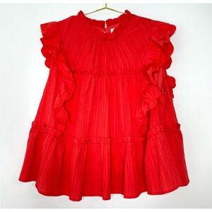&MERCI Womens Red Crinkle‎ Ruffle Sleeveless Top Sz L